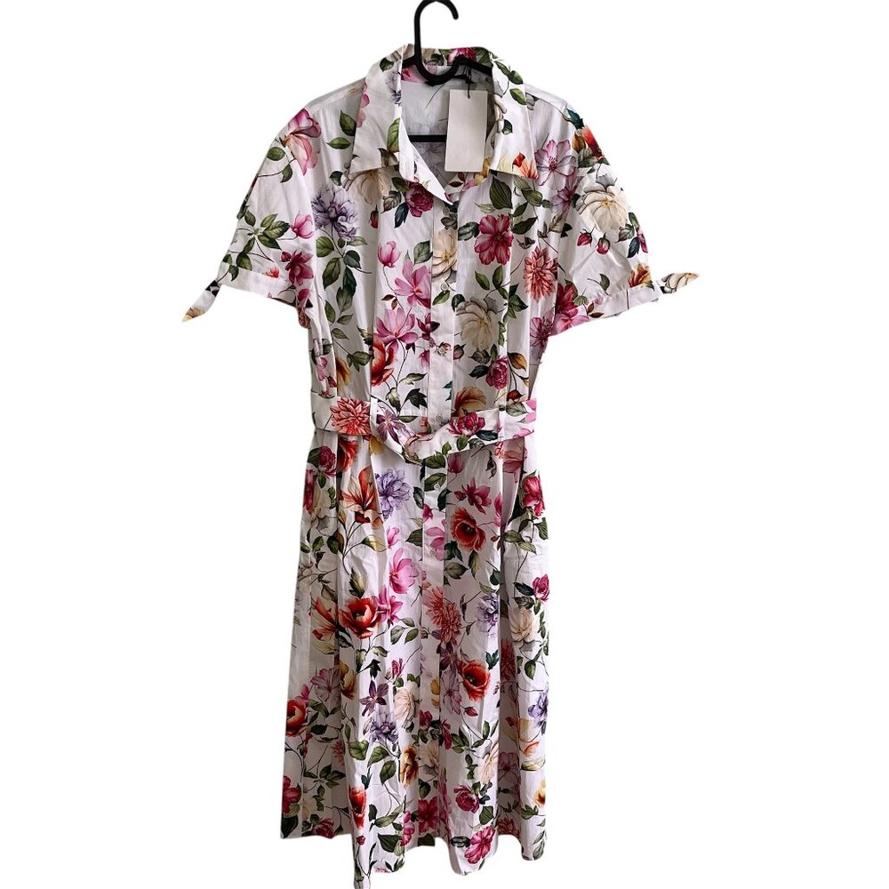 ZARA Women's Midi Dress Size XL Cotton Poplin Print Tie Sleeves Belted Floral - Picture 3 of 12